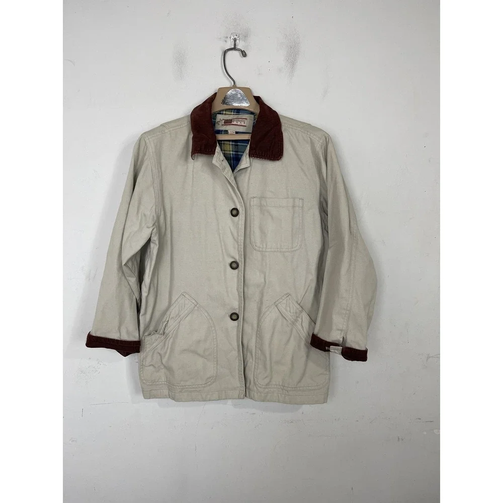 Faded Glory Womens Tan Button Front Field Jacket Red Collar Plaid‎ Lining